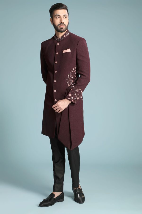 Wine Marron Embellished Cocktail Sherwani Set 1155 - Image 3