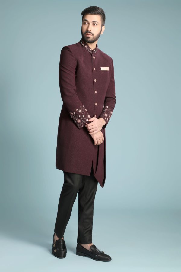 Wine Marron Embellished Cocktail Sherwani Set 1155 - Image 4