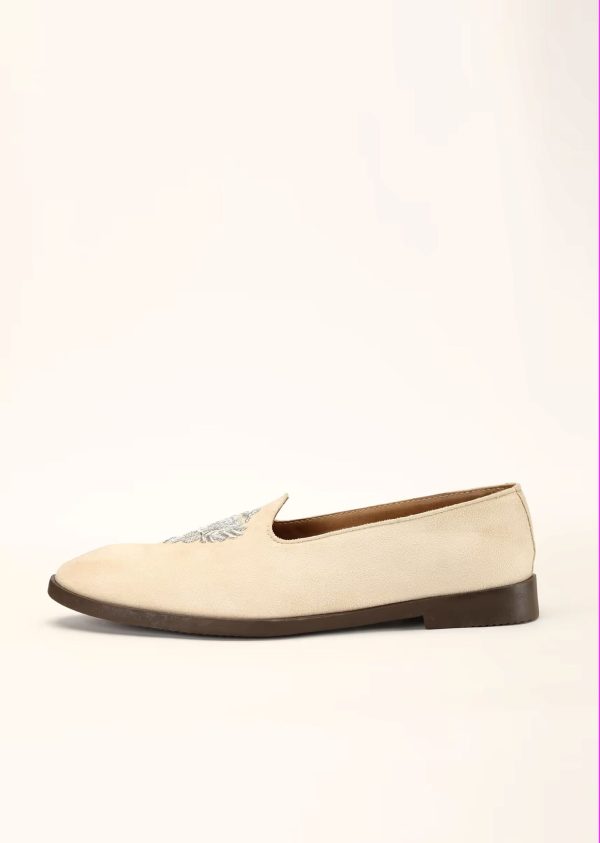 Off White Cream Loafers Juttis In Suede With Zari Embroidered Motif 044H - Image 3