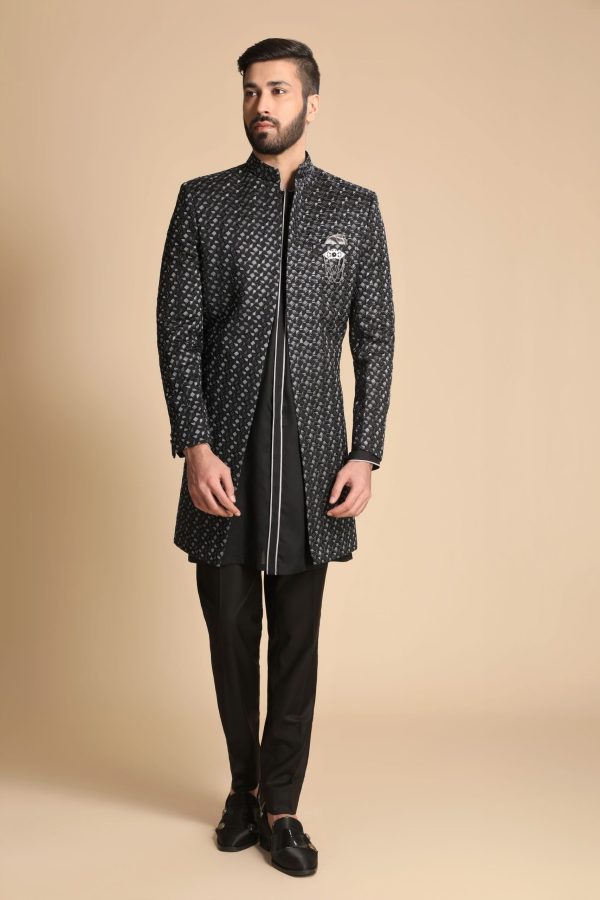 Black With Black Fusion Kurta Indo Western Sherwani Set 1173