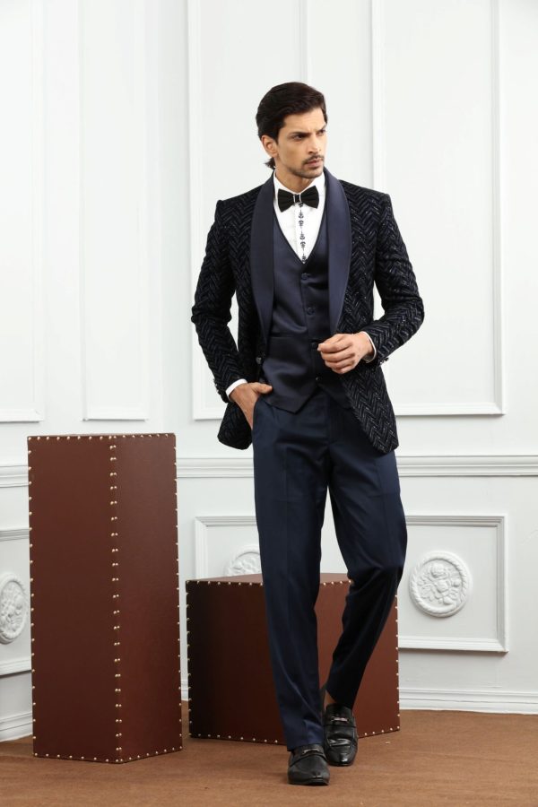 Navy Tuxedo Suit With All Over Embroidered Fabric 50026