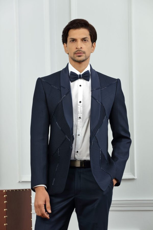 Navy Tuxedo Suit With All Over Embroidered Fabric 50021 - Image 3