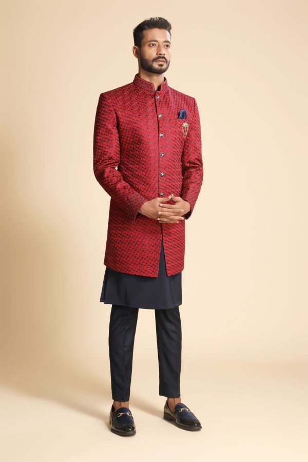 Red With Navy Fusion Kurta Indo Western 1174 - Image 2