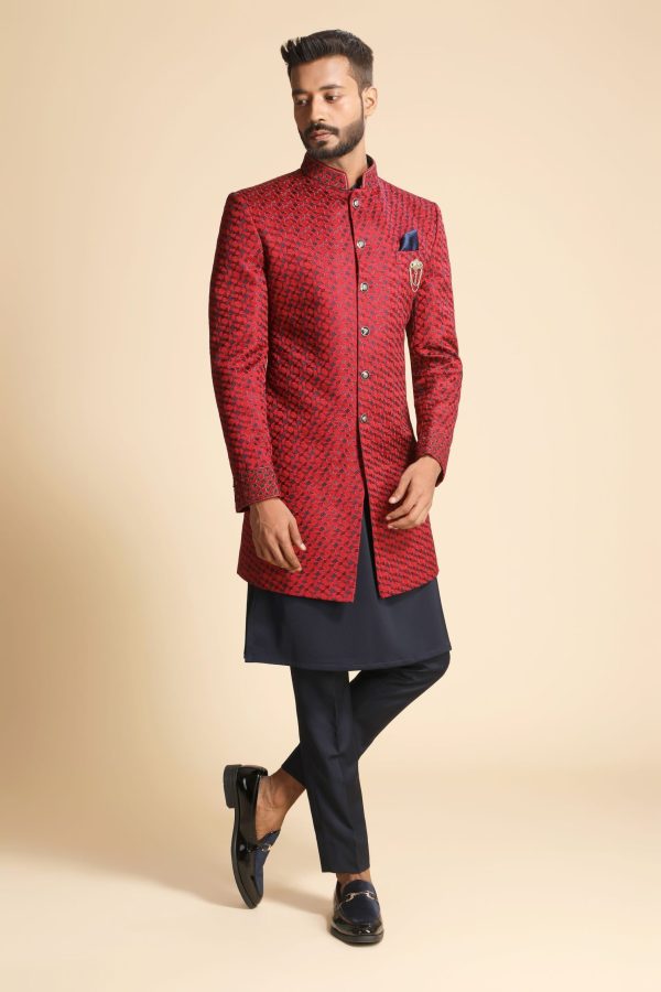 Red With Navy Fusion Kurta Indo Western 1174 - Image 3