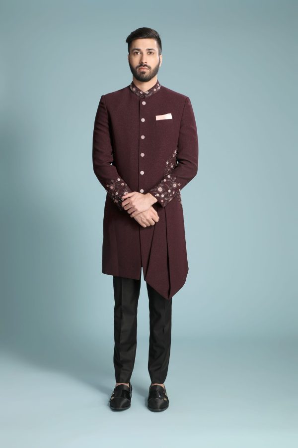 Wine Marron Embellished Cocktail Sherwani Set 1155