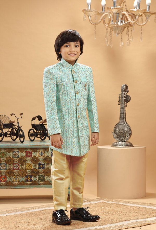 Sea Green Gold Embroidered Sherwani Set 2032-A