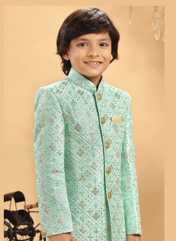 Sea Green Gold Embroidered Sherwani Set 2032 - Image 2