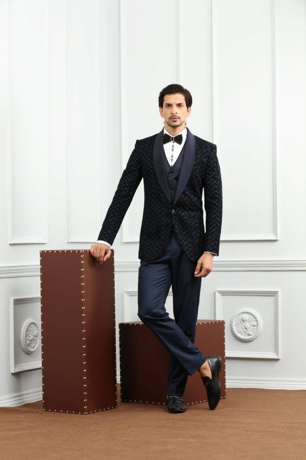 Navy Tuxedo Suit With All Over Embroidered Fabric 50026 - Image 3