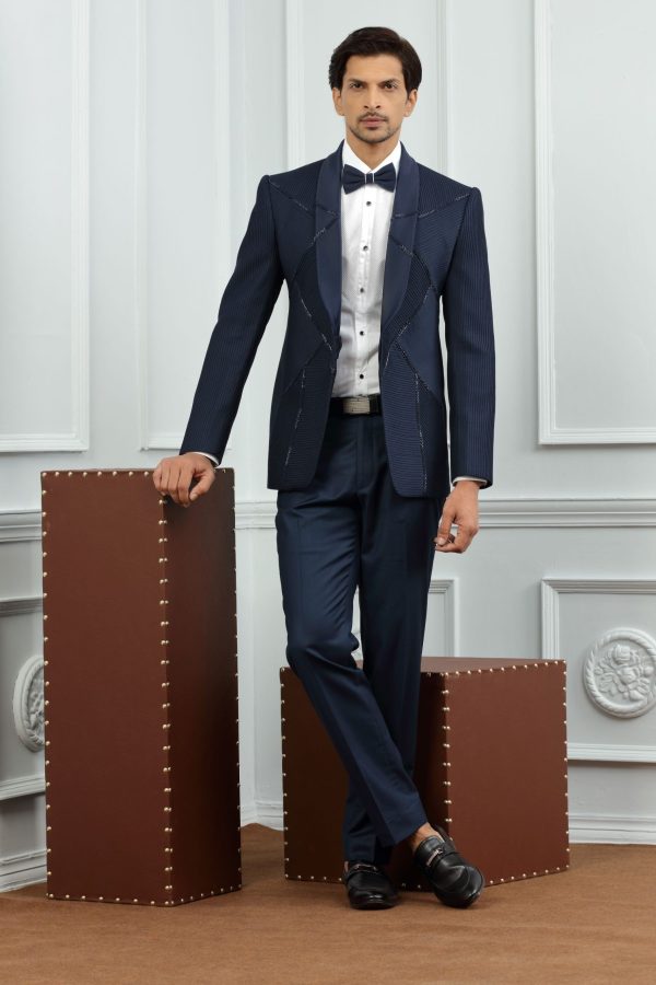 Navy Tuxedo Suit With All Over Embroidered Fabric 50021