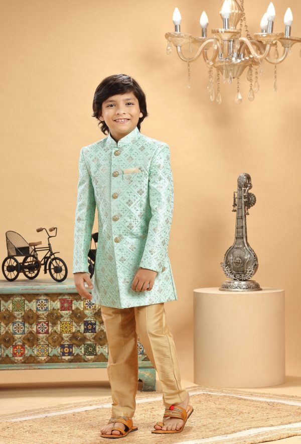 Sea Green Gold Embroidered Sherwani Set 2032